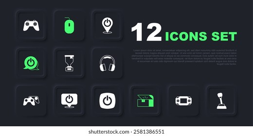 Set Portable video game console, Gear shifter, Award cup, Chest for, Power button, Computer mouse and  icon. Vector