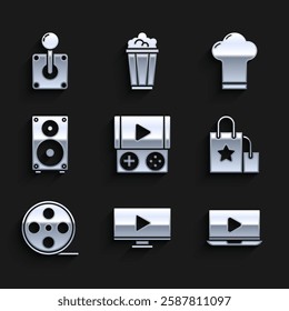 Set Portable video game console, Online play, Paper shopping bag, Film reel, Stereo speaker, Chef hat and Joystick for arcade machine icon. Vector