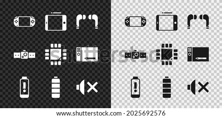 Set Portable video game console, Graphic tablet, Air headphones, Battery charge level indicator, Speaker mute, Smartwatch and Processor with microcircuits CPU icon. Vector