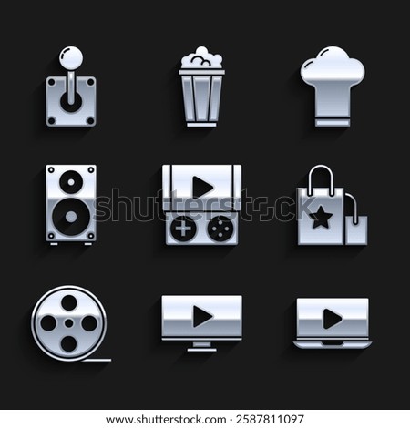 Set Portable video game console, Online play, Paper shopping bag, Film reel, Stereo speaker, Chef hat and Joystick for arcade machine icon. Vector