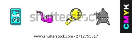 Set Portable video game console, Smoking pipe, Magnifying glass and Classic teapot icon. Vector