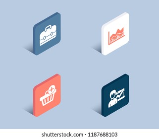 Set of Portfolio, Add purchase and Trade infochart icons. Success business sign. Business case, Shopping order, Growth chart.  3d isometric buttons. Flat design concept. Vector
