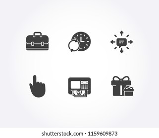 Set of Portfolio, Hand click and Atm icons. Sms, Update time and Surprise package signs. Business case, Location pointer, Money withdraw. Conversation, Refresh clock, Present boxes. Vector