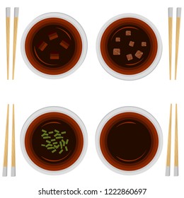 Set of portion variations of miso soup with chopsticks and sushi rolls.