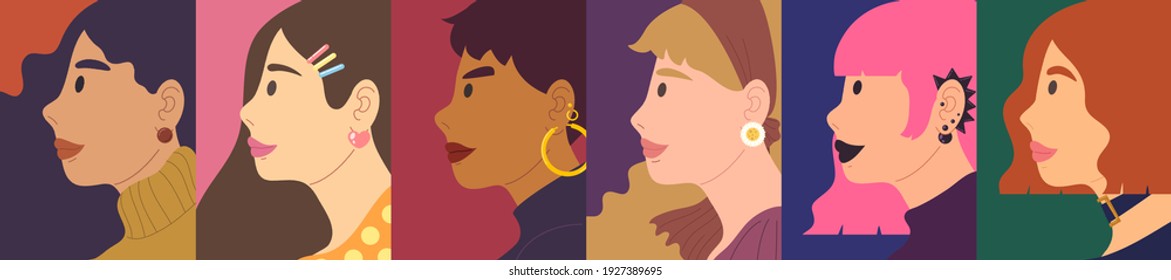 Set portrait avatar of different styles woman. Concept of variety of beauty, diversity, International women's day, being yourself. Girl's stylish fashion. Flat vector illustration character.