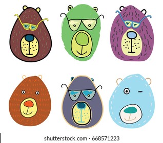 Set portrait of bears. line art, vector, stylized objects. Honey and bees. Print T-shirt