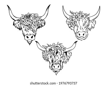 Set of portrait of bull with flowers. Collection of Buffalo with flowers wreath. Head floral cow. Tattoo. Farm animals. Vector illustration on white background.