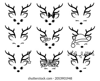 Set of portrait of christmas deers. Collection of festive cute face reindeer. Santa's Christmas helpers. Linear Art. Drawing for children.