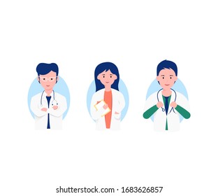 Set of portrait doctor flat character. hospital staff, occupation, professional. 