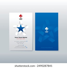 A set of portrait double-sided business card template designs with white illustration of a folded ribbon in the shape of a blue five-sided star on white gradation background
