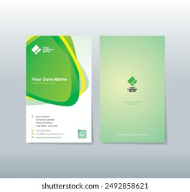 A set of portrait double-sided business card template designs with Illustration of green 3d rounded triangles overlapping with a white gradient background.