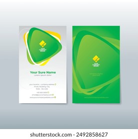A set of portrait double-sided business card template designs with Illustration of green 3d rounded triangles overlapping with white gradient background.