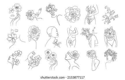 Set of portrait, face with flower. Simple, minimalist vector illustration of beautiful woman. Line drawing