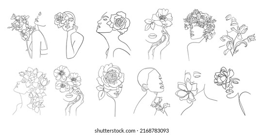 Set of portrait, face with flower. Simple, minimalist vector illustration of beautiful woman. Line drawing