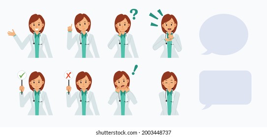 Set of portrait female doctor in various action,thinking, smile ,surprise,shock,giving advice,information. Flat vector cartoon character illustration.