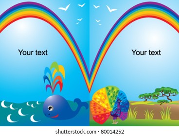Set of portrait frames with rainbow, whale and peacock