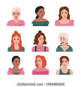 Set of portrait girl avatars. Collection of vector flat illustrations for social media. Character design