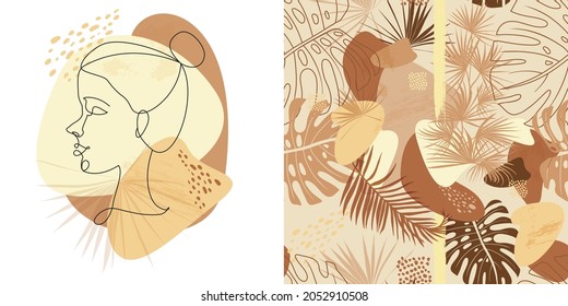 set of portrait of a girl in one line and seamless pattern with natural shapes and natural shades with dry plant leaves in vector 