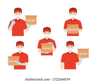 Set Portrait of happy man from delivery service in red t-shirt and cap giving order. Delivery of goods during the prevention of coronovirus, Covid-19. Delivery service concept