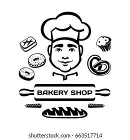 Set with portrait heads of smiling man, chef or baker, surrounded by rolling pin with text - Bakery Shop and baking - donuts, cookies, muffin, bagel. Black vector for design, isolated on background.