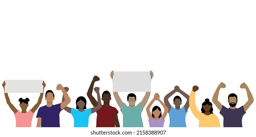 Set of portrait images of dark-skinned girls and guys with their hands raised above their heads, flat vector on a white background, faceless illustration