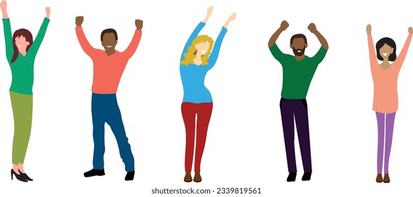Set of portrait images of girls and guys of different nationalities with their hands raised above their heads, flat vector on a white background, faceless illustration