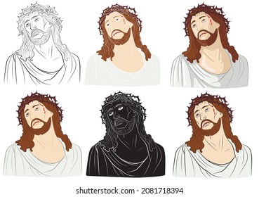 Set of Portrait of Jesus Christ suffering with crown of thorns isolated on white