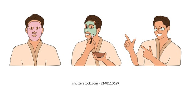 Set of portrait of men in bathrobe smiling with patches mask under eyes, applying clay mask, with facial sheet face mask. Skin care for men.Young man healthcare. Hand drawn flat vector illustration