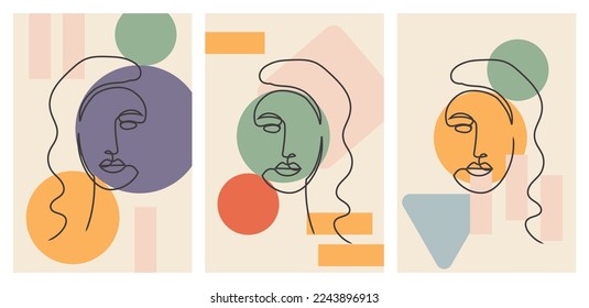Set of portrait modern abstract surreal face one line drawing with abstract geometric art style. Abstract art design for print, cover, wallpaper, minimal and natural wall art. Vector illustration.