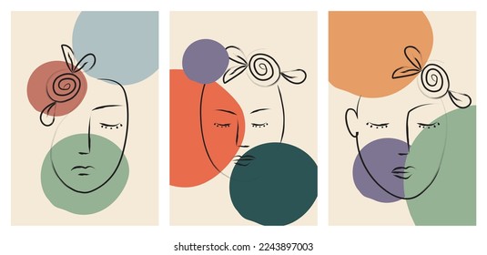 Set of portrait modern abstract surreal face line drawing with abstract geometric art style design. Abstract art design for print, cover, wallpaper, minimal and natural wall art. Vector illustration.