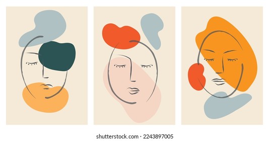 Conjunto de retratos moderno abstracto surrealista de línea facial con diseño abstracto de estilo de arte geométrico. Diseño artístico abstracto para impresión, cubierta, papel pintado, arte mural mínimo y natural. Ilustración vectorial.