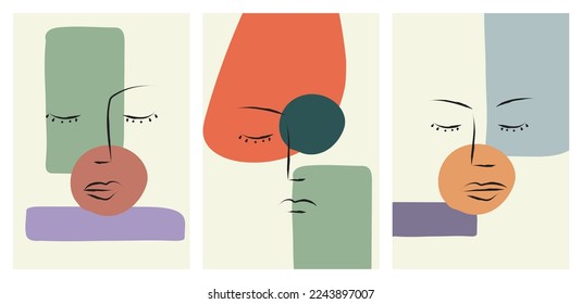 Set of portrait modern abstract surreal face line drawing with abstract geometric art style design. Abstract art design for print, cover, wallpaper, minimal and natural wall art. Vector illustration.