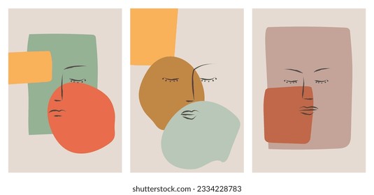 Set of portrait modern abstract surreal face line drawing with abstract geometric art style design. Abstract art design for print, cover, wallpaper, minimal and natural wall art. Vector illustration.