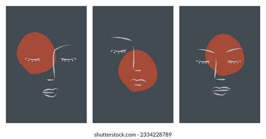 Set of portrait modern abstract surreal face line drawing with abstract geometric art style design. Abstract art design for print, cover, wallpaper, minimal and natural wall art. Vector illustration.