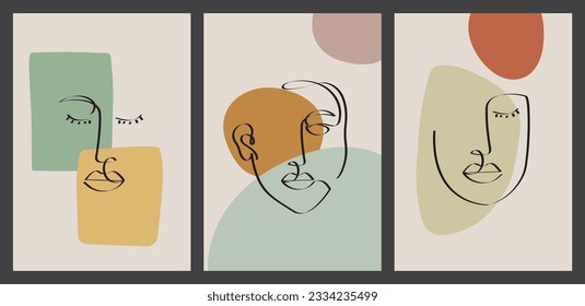 Set of portrait modern abstract surreal face one line drawing with abstract geometric art style. Abstract art design for print, cover, wallpaper, minimal and natural wall art. Vector illustration.