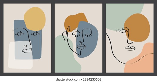 Set of portrait modern abstract surreal face one line drawing with abstract geometric art style. Abstract art design for print, cover, wallpaper, minimal and natural wall art. Vector illustration.