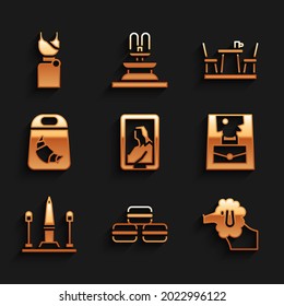 Set Portrait in museum, Macaron cookie, Poodle dog, Handbag, Place De La Concorde, Croissant package, French cafe and Woman dress icon. Vector