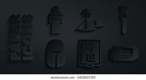 Set Portrait in museum, Paint brush, Medieval iron helmet, Museum ticket, Egypt pyramids and Gives lecture icon. Vector