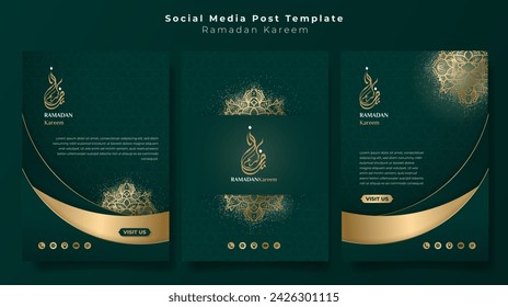 Set of portrait social media post template with simple mandala ornament design in gold green background. Green gold islamic portrait background. arabic text mean is ramadan kareem