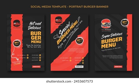 Set of portrait social media post template with burger icon design in black and red background for fast food advertising design 