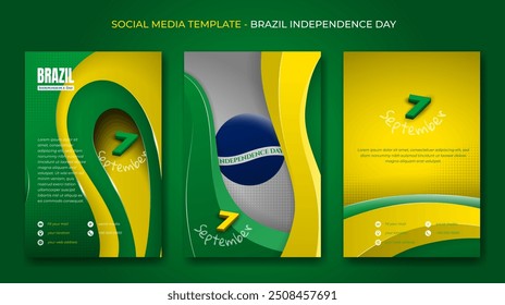 Conjunto de retrato modelo de mídia social post com formato 3d ondulando e papel corte fundo no design de cor bandeira do brasil. Dia da Independência do Brasil