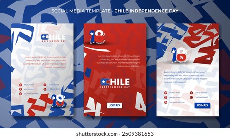 Conjunto de retrato modelo de postagem de mídia social em fundo branco vermelho com design labirinto. Bom modelo para o dia da independência do chile ou campanha do dia nacional