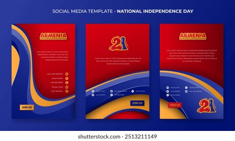 Set of portrait social media post template with waving 3d blue and yellow shape in red background. Armenia independence day. National day background