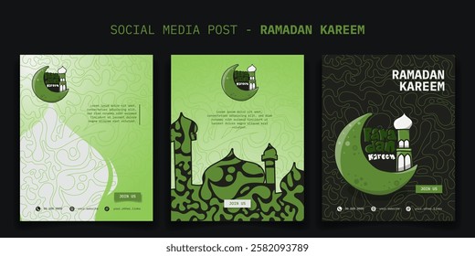 Set of portrait social media post template with ornamental background and mosque in green design. arabic text on background mean is ramadan kareem. islamic banner post