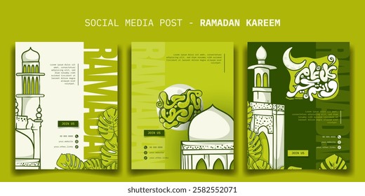 Set of portrait social media post with mosque in cartoon design. Islamic green background. Arabic text mean is may you be well throughout the year, and other arabic text mean is hello ramadan