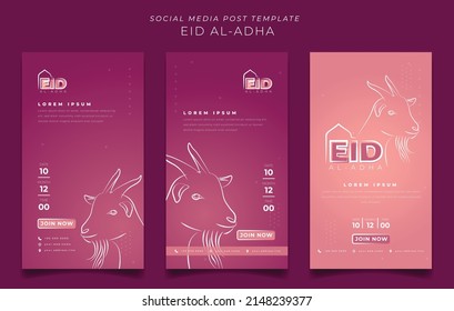 Set of portrait social media template for eid al adha islamic holiday with goat line drawing design
