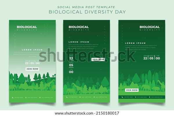 Set of portrait social media\
template with green landscape background for biodiversity day\
design