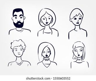 set portrait vector doodle hand drawn line illustration symbol 