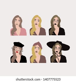 A set of portrait woman face. Hand drawn flat vector. Female cartoon figures, hairstyle. Beauty glamour concert. 