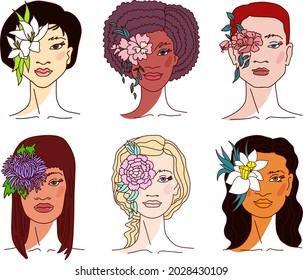 Set of portrait young women different skin colors with flowers in hair line art. Vector doodle illustration